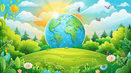 An artistic interpretation of Earth with a radiant sun flare above a lively forest, symbolizing eco-friendliness