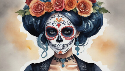 Watercolor Illustration Of Woman In Day Of The Dead Skull Costume
