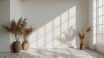 Sunlight floods into a bright and airy space, casting crisp shadows across the room as pampas grass in a vase.