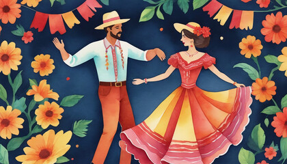 Watercolor Illustration Of Paper Cut Dancing Couple For Cinco De Mayo