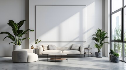 Chic urban interior showcasing a stylish sofa, assorted indoor plants, and a large blank canvas under soft window light.