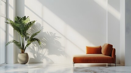 Chic lounge area featuring a striking orange sofa and a large tropical plant casting a shadow in bright sunlight.
