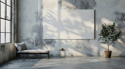 An industrial-chic loft featuring a minimalist daybed, a potted tree, and abstract shadows on a textured concrete wall.