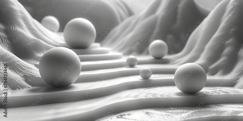 Poster a series of white spheres are arranged in a line, creating a sense of movement