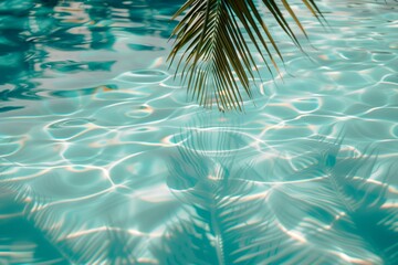 Fototapeta na wymiar Palm Leaf Above blue crystal clear swimming pool water.