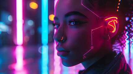 Neon lights glow intensely around a woman's profile, highlighting themes of nightlife and modernity
