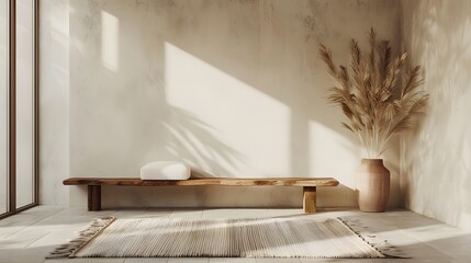 A tranquil corner featuring a rustic wooden bench, pampas grass in a wicker vase, and textured rug, illuminated by warm sunlight.