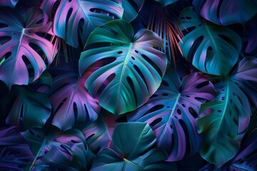 This image captures the mysterious beauty of monstera leaves bathed in colorful light creating an...