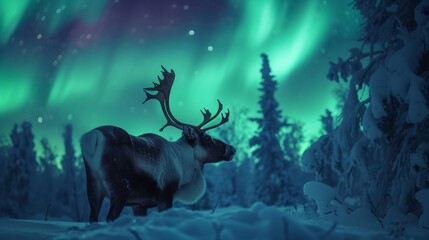 Reindeer in snow forest with beautiful aurora northern lights in night sky with snow forest in winter.