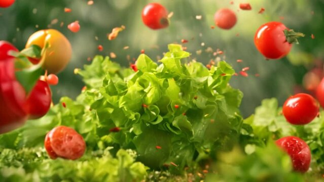 Fresh salad flying in the air In the lush garden in the summer sun