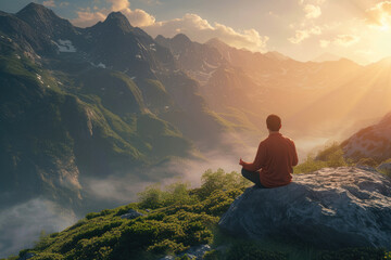 mental health and meditation. young man meditating while sitting in lotus position high in the mountains - obrazy, fototapety, plakaty