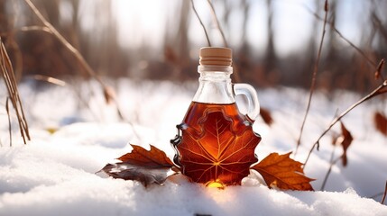 Maple syrup, contained in maple leaf-shaped glass bottles, enveloped by the serene beauty of snow, invoking a tranquil winter atmosphere and natural sweetness.