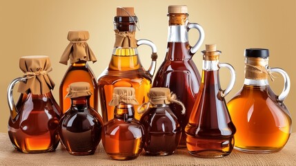 Maple syrup, available in multiple glass bottle sizes, perfect for culinary applications, adding a touch of natural sweetness to various dishes.
