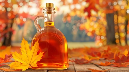 Maple syrup, encased in glass bottles, positioned beneath the maple tree, blending natural beauty with the essence of pure sweetness.