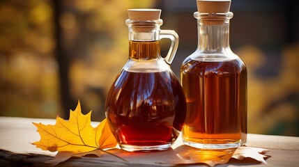 Maple syrup, contained in glass bottles, displayed on wooden balcony, blending rustic charm with the rich, natural sweetness of maple.