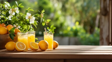 Freshly squeezed juice on wooden table with orange trees in natural setting, free space for copy