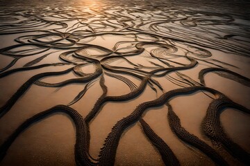 A network of intricate tide lines etched into the sand, resembling delicate lacework crafted by the ebb and flow of the tide. - obrazy, fototapety, plakaty