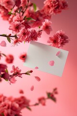a card against pink flowers. Congratulations, invitation, happy birthday concept