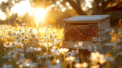 Golden hour serenity with beehives among wildflowers, perfect for tranquil themes