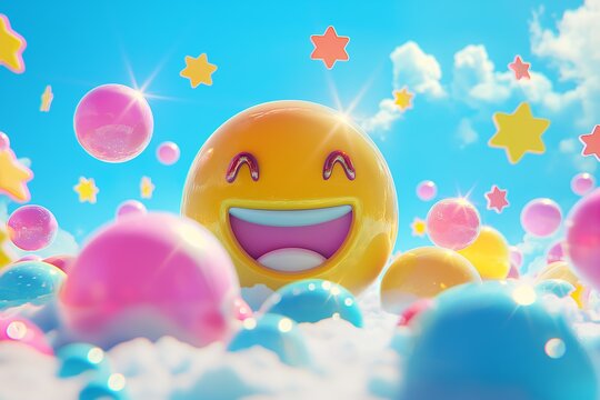 Colorful balloons in the clear blue sky. Colorful Emotional Expression. Surreal 3d landscapes