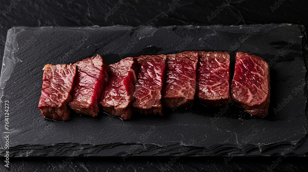 Wall mural Cut grill wagyu steak on black slate