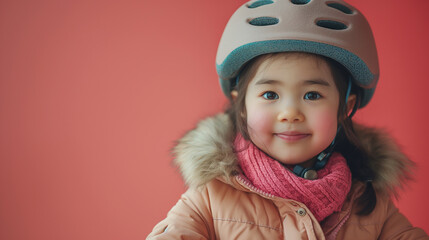 lovely happy asian little girl with helmet and full protection gear riding bike on Coral color background professional photography.