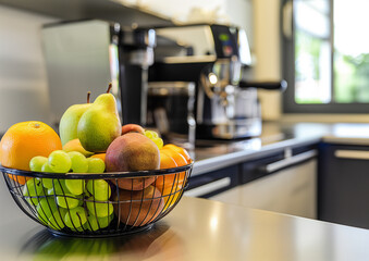 A fruit basket on the counter of an office kitchen with a coffee machine in the back