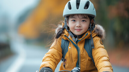 lovely happy asian little girl with helmet and full protection gear riding bike on Coral color background professional photography.