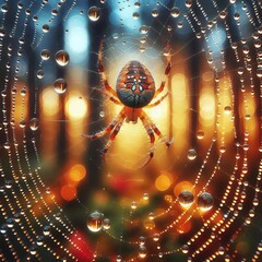 A colorful spider centers its dewdrop-studded web at dawn.