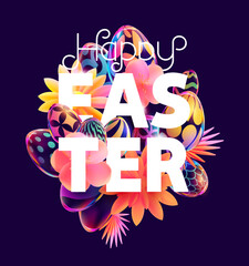 Bright Easter design. White letters with colored eggs and spring flowers. Colorful  holiday banner. - 764124295