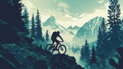 Cyclist conquering rocky path, framed by majestic pines and mountain silhouettes - obrazy, fototapety, plakaty