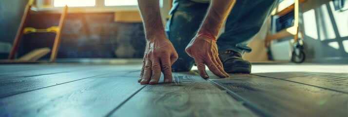 Close-up on hands of a worker meticulously fitting laminate flooring, attention to detail - obrazy, fototapety, plakaty