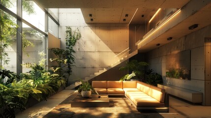 Fototapeta premium The interior of a modern home with minimalist design, contemporary furniture, and lighting.