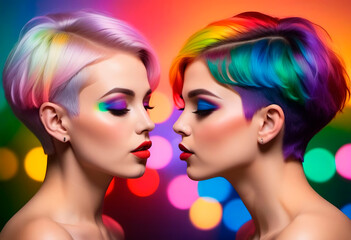 Two girls interracial kissing silhouette rainbow neon background pride gay lesbian - obrazy, fototapety, plakaty
