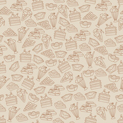 Seamless pattern with cute sweet desserts in outline. Vector hand drawn printable design for textile, paper, package, wrapping

