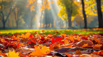 Sunny autumn park, vibrant fall foliage under a clear blue sky, scenic nature landscape - obrazy, fototapety, plakaty