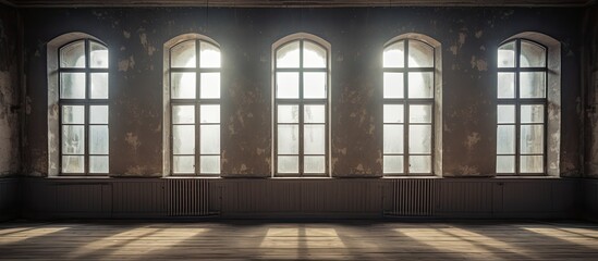 A close-up shot showcasing a room with three windows and a wooden floor