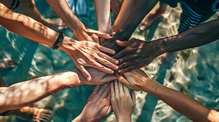 Fototapeta na wymiar Stack of hands showing unity and teamwork. Cropped close of dive