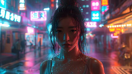 Obraz premium A woman stands central in a neon-soaked street scene, with rain reflections adding depth to the urban environment