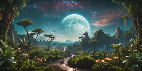 Jungle Exoplanet with a moon low in the sky. Alien World.