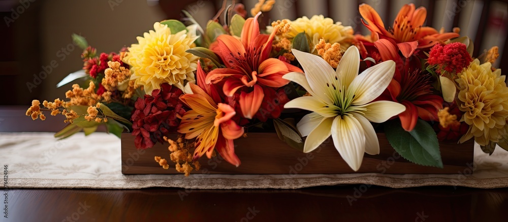 Aufkleber there is a wooden box with flowers placed on a table in a simple and elegant setting.