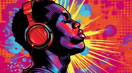 Side view of African man headphones on in a striking pop art format rich colors bold outlines , 8K resolution