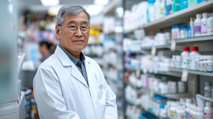 Fototapeta na wymiar Portrait of smiling senior male pharmacist in a drug store