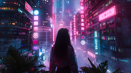 A lone woman is seen overlooking an expansive neon-lit cityscape, radiating a deep, futuristic ambiance