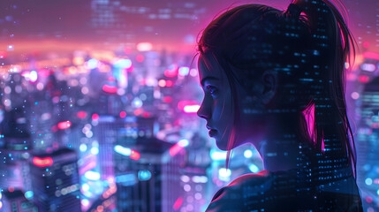 A cyberpunk style woman stands against a backdrop of a blurred, glowing city skyline evoking a futuristic atmosphere