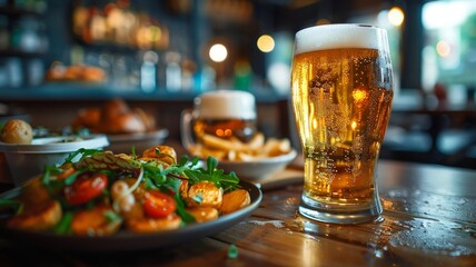 Frothy beer with hearty meal in a cozy eatery captured in warm ambiance - obrazy, fototapety, plakaty