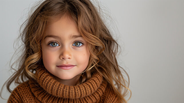 Studio closeup horizontal portrait of happy beautiful little girl smiling joyful and wearing sweater isolated on a white studio professional photography