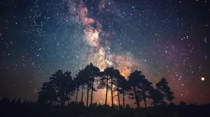 Fotobehang The Milky Way stars rising above trees. © DreamPointArt