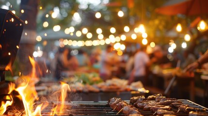 BBQ party. Focus on barbecue grill with food