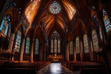 Fototapeta premium A grand cathedral illuminated by the soft glow of dawn, its intricate stained glass windows aglow.